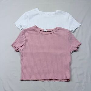 Kids Ribbed Knit Tees - Pink and White